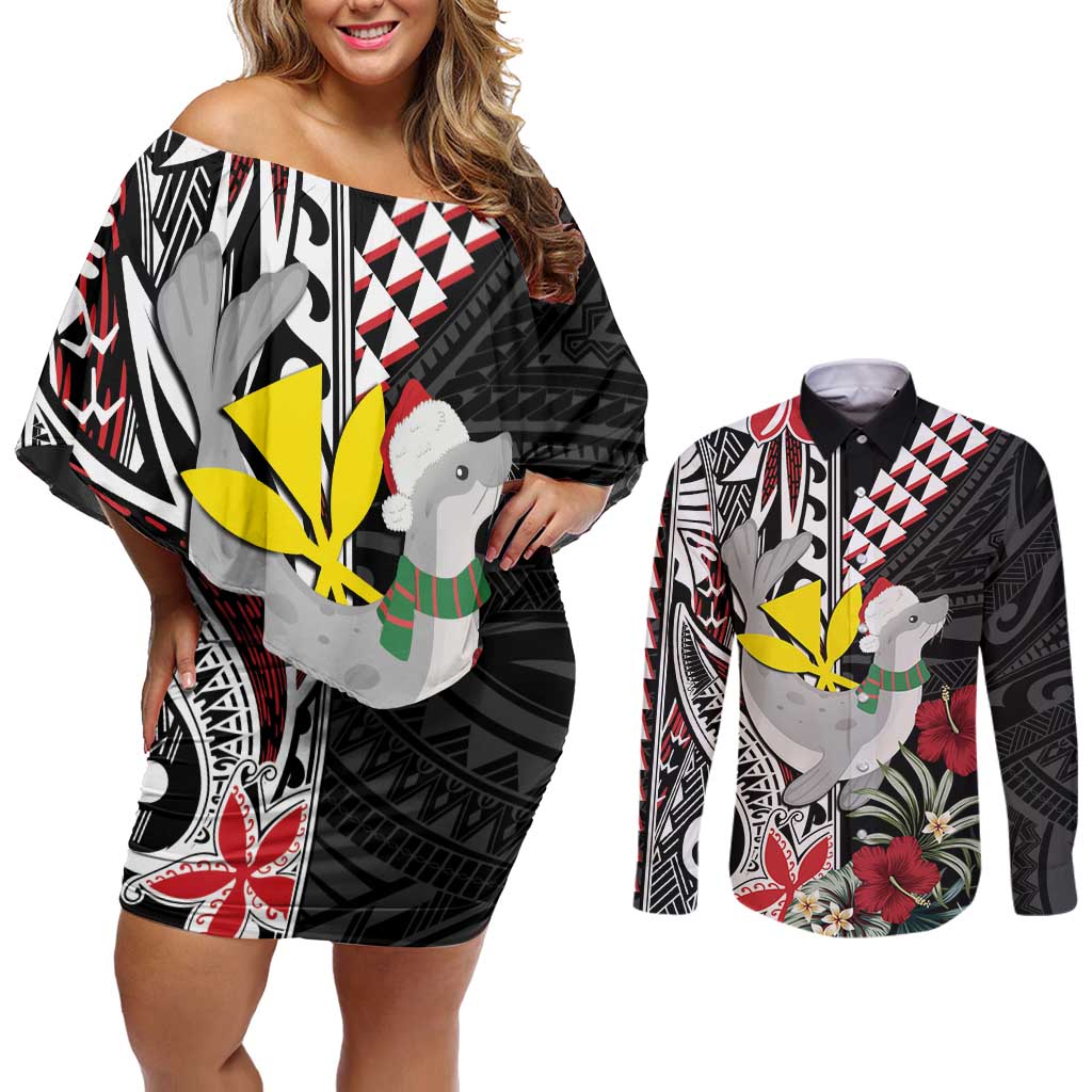 Hawaii Monk Seal Santa Couples Matching Off Shoulder Short Dress and Long Sleeve Button Shirt Hibiscus Kakau Pattern Mele Kalikimaka LT9 Black - Polynesian Pride