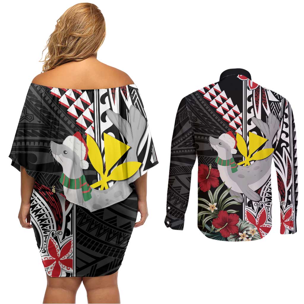 Hawaii Monk Seal Santa Couples Matching Off Shoulder Short Dress and Long Sleeve Button Shirt Hibiscus Kakau Pattern Mele Kalikimaka LT9 - Polynesian Pride