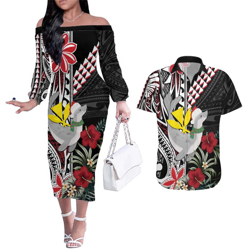 Hawaii Monk Seal Santa Couples Matching Off The Shoulder Long Sleeve Dress and Hawaiian Shirt Hibiscus Kakau Pattern Mele Kalikimaka LT9 Black - Polynesian Pride