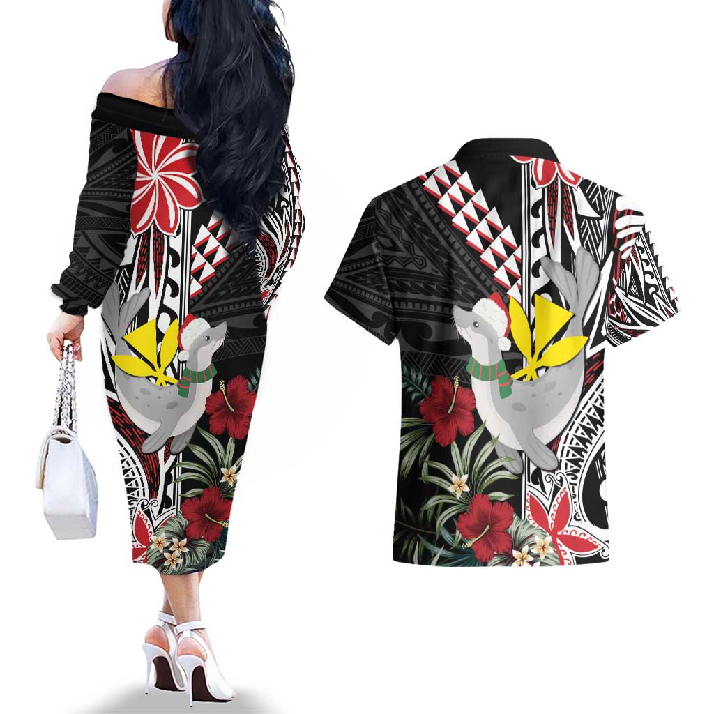 Hawaii Monk Seal Santa Couples Matching Off The Shoulder Long Sleeve Dress and Hawaiian Shirt Hibiscus Kakau Pattern Mele Kalikimaka LT9 - Polynesian Pride
