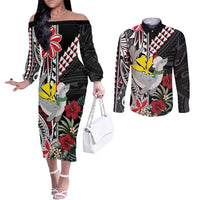 Hawaii Monk Seal Santa Couples Matching Off The Shoulder Long Sleeve Dress and Long Sleeve Button Shirt Hibiscus Kakau Pattern Mele Kalikimaka LT9 Black - Polynesian Pride