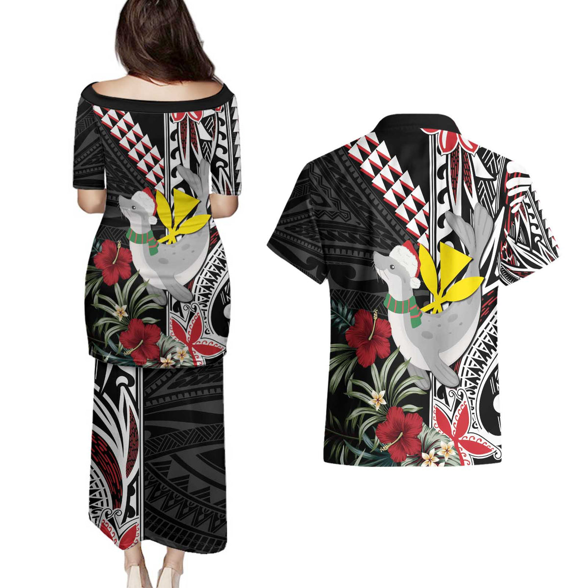 Hawaii Monk Seal Santa Couples Matching Puletasi and Hawaiian Shirt Hibiscus Kakau Pattern Mele Kalikimaka LT9 - Polynesian Pride