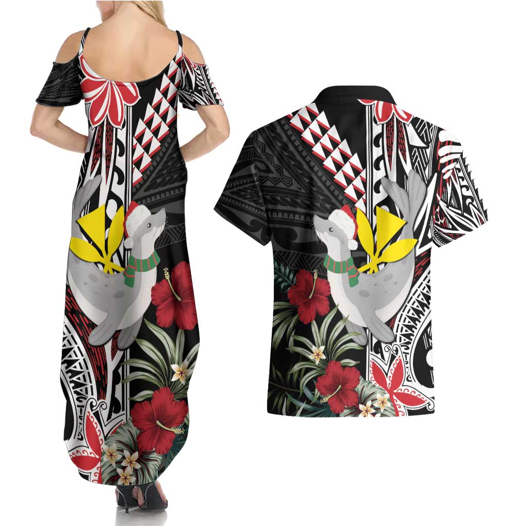 Hawaii Monk Seal Santa Couples Matching Summer Maxi Dress and Hawaiian Shirt Hibiscus Kakau Pattern Mele Kalikimaka LT9 - Polynesian Pride