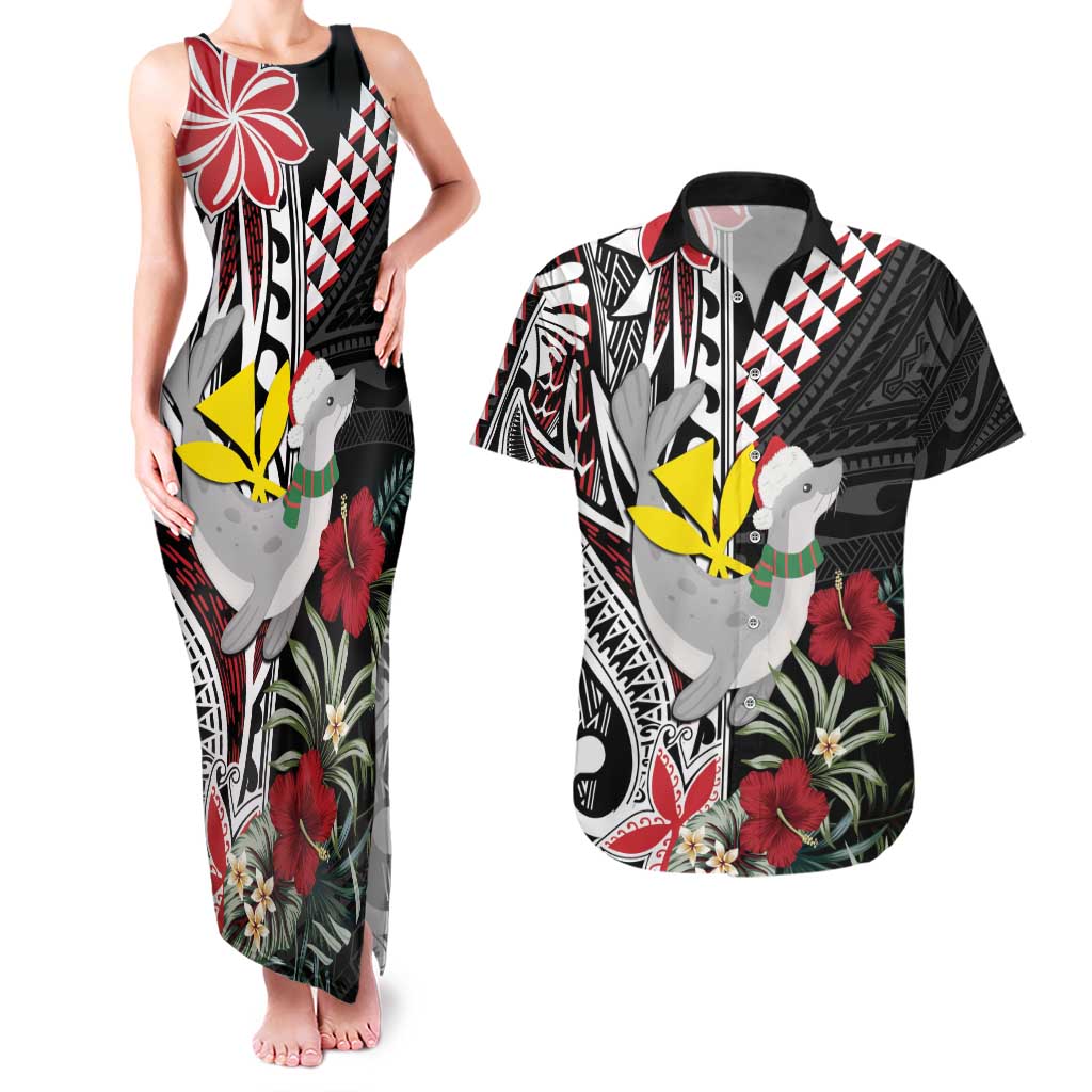 Hawaii Monk Seal Santa Couples Matching Tank Maxi Dress and Hawaiian Shirt Hibiscus Kakau Pattern Mele Kalikimaka LT9 Black - Polynesian Pride