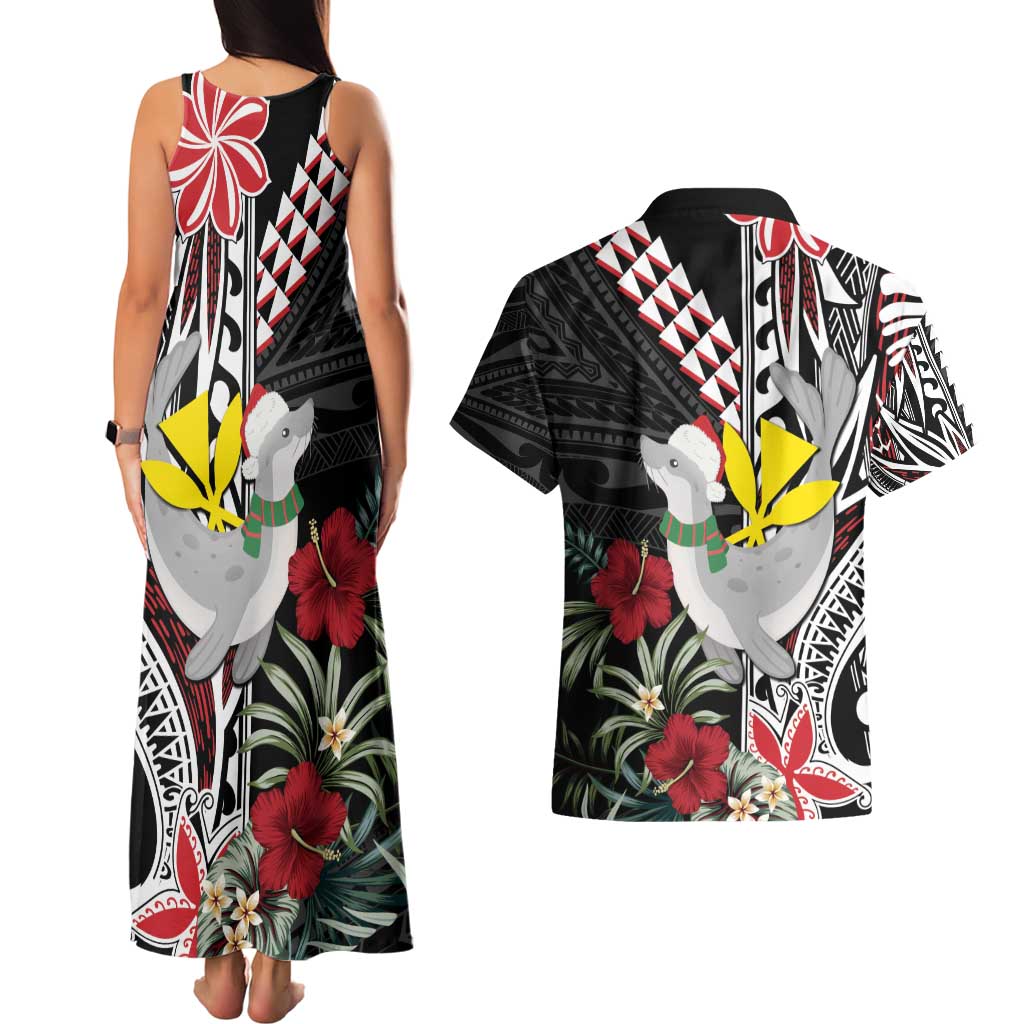 Hawaii Monk Seal Santa Couples Matching Tank Maxi Dress and Hawaiian Shirt Hibiscus Kakau Pattern Mele Kalikimaka LT9 - Polynesian Pride