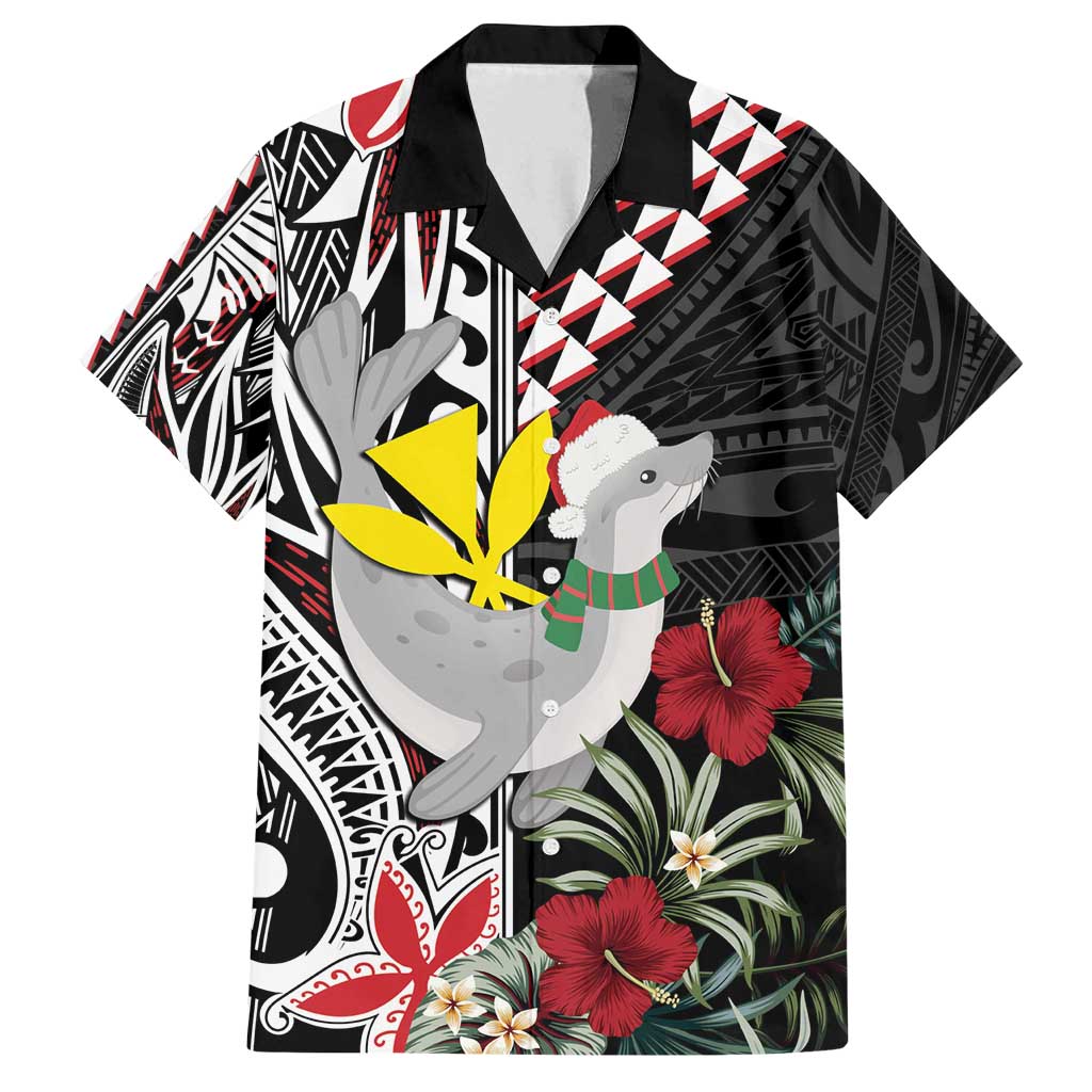 Hawaii Monk Seal Santa Family Matching Long Sleeve Bodycon Dress and Hawaiian Shirt Hibiscus Kakau Pattern Mele Kalikimaka LT9 Dad's Shirt - Short Sleeve Black - Polynesian Pride