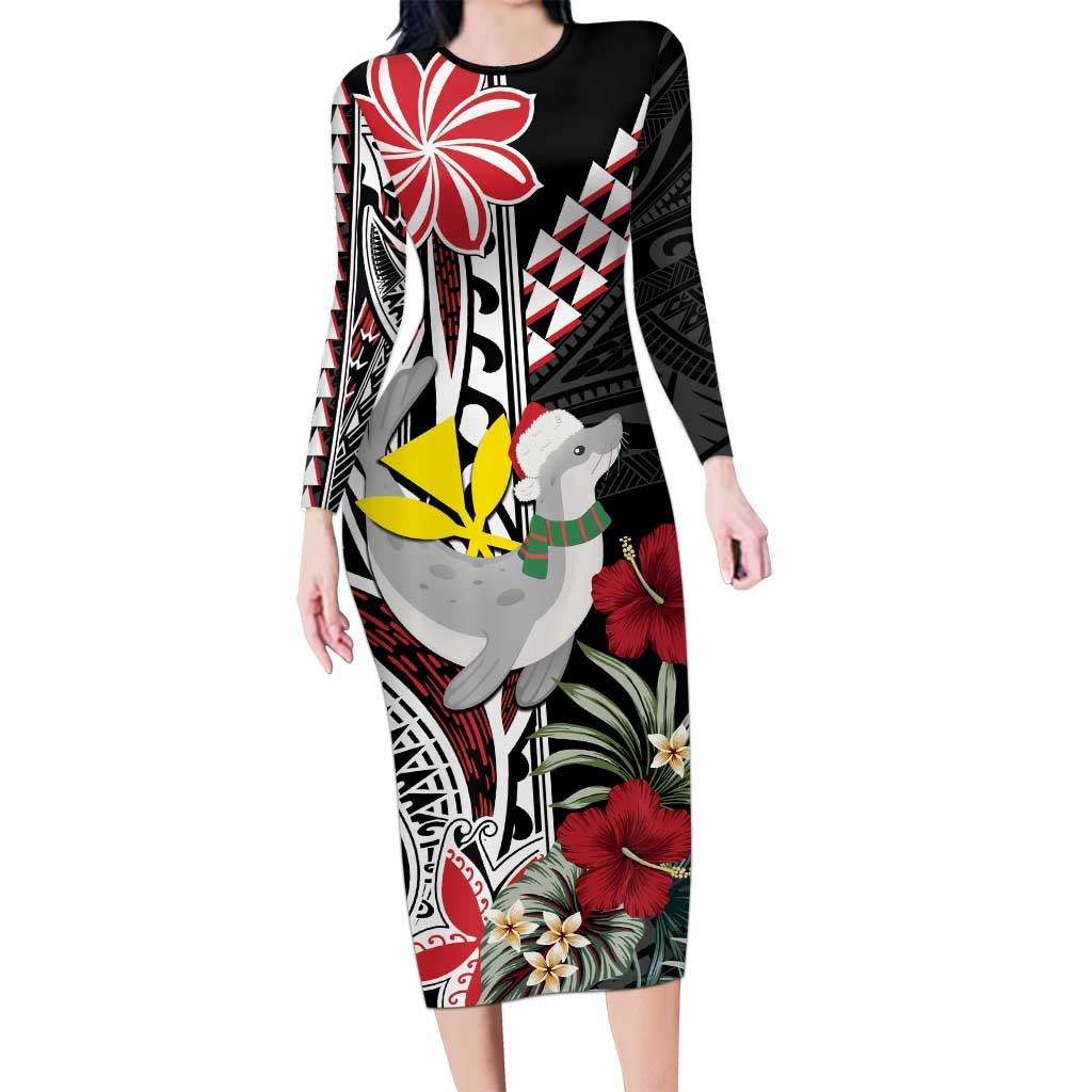 Hawaii Monk Seal Santa Family Matching Long Sleeve Bodycon Dress and Hawaiian Shirt Hibiscus Kakau Pattern Mele Kalikimaka LT9 Mom's Dress Black - Polynesian Pride
