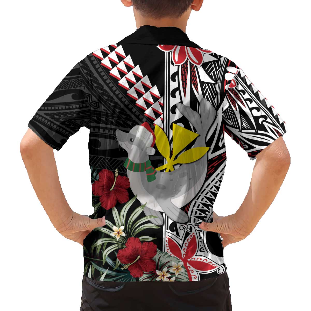 Hawaii Monk Seal Santa Family Matching Off The Shoulder Long Sleeve Dress and Hawaiian Shirt Hibiscus Kakau Pattern Mele Kalikimaka LT9 - Polynesian Pride
