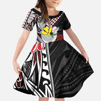 Hawaii Monk Seal Santa Family Matching Off The Shoulder Long Sleeve Dress and Hawaiian Shirt Hibiscus Kakau Pattern Mele Kalikimaka LT9 Daughter's Dress Black - Polynesian Pride