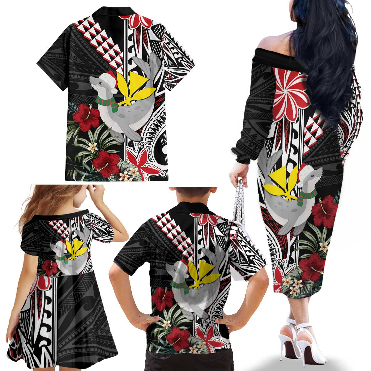 Hawaii Monk Seal Santa Family Matching Off The Shoulder Long Sleeve Dress and Hawaiian Shirt Hibiscus Kakau Pattern Mele Kalikimaka LT9 - Polynesian Pride