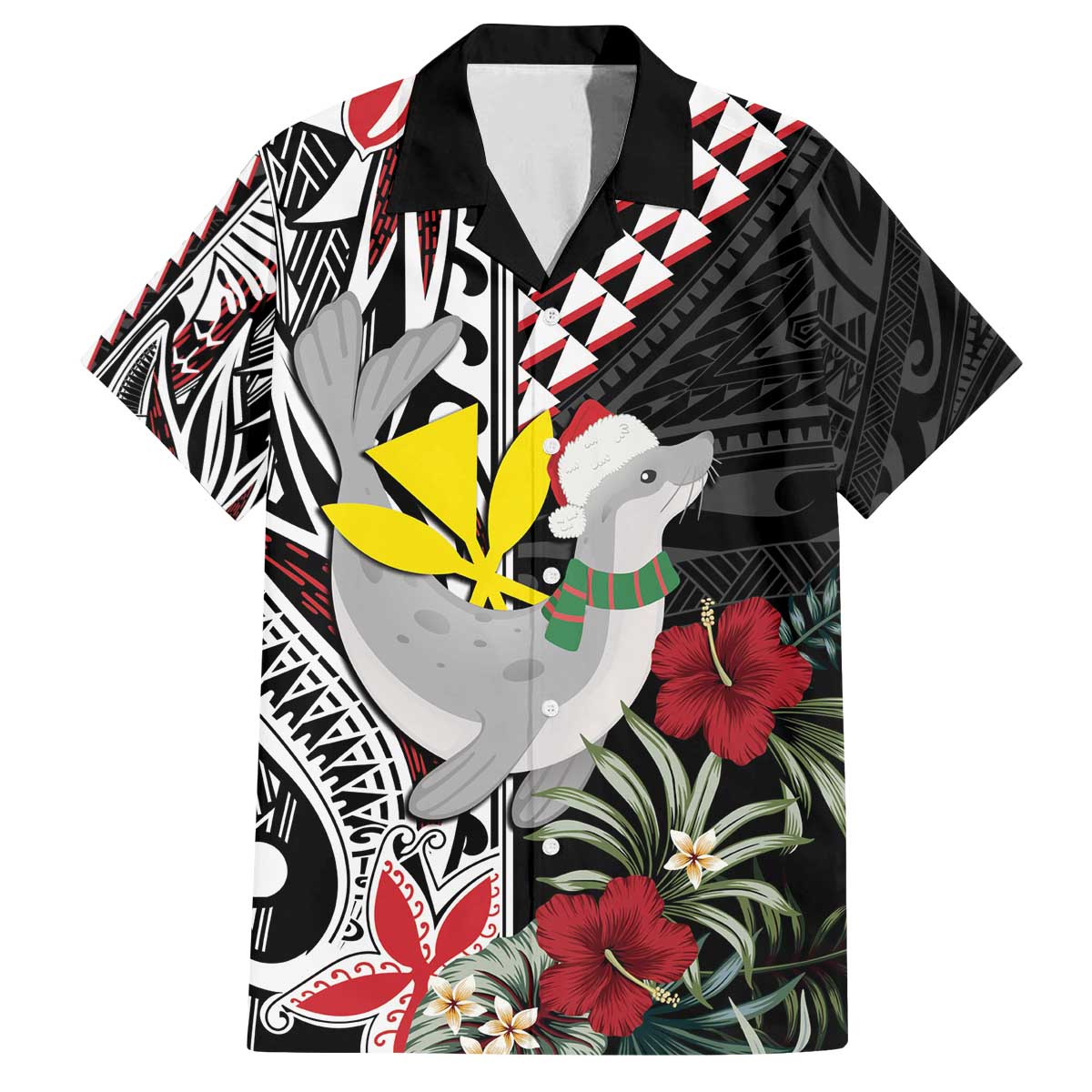 Hawaii Monk Seal Santa Family Matching Off The Shoulder Long Sleeve Dress and Hawaiian Shirt Hibiscus Kakau Pattern Mele Kalikimaka LT9 Dad's Shirt - Short Sleeve Black - Polynesian Pride