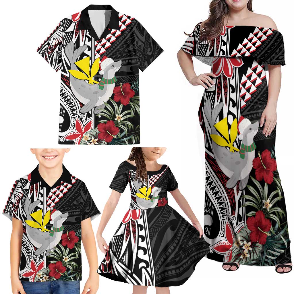 Hawaii Monk Seal Santa Family Matching Off Shoulder Maxi Dress and Hawaiian Shirt Hibiscus Kakau Pattern Mele Kalikimaka LT9 - Polynesian Pride