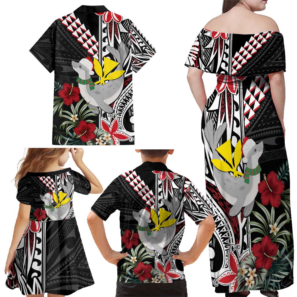 Hawaii Monk Seal Santa Family Matching Off Shoulder Maxi Dress and Hawaiian Shirt Hibiscus Kakau Pattern Mele Kalikimaka LT9 - Polynesian Pride