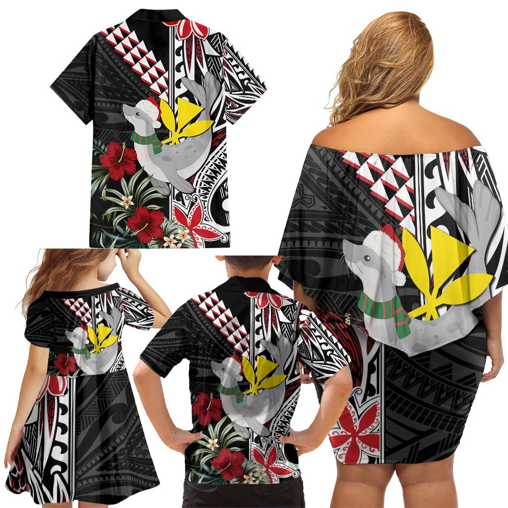 Hawaii Monk Seal Santa Family Matching Off Shoulder Short Dress and Hawaiian Shirt Hibiscus Kakau Pattern Mele Kalikimaka LT9 - Polynesian Pride