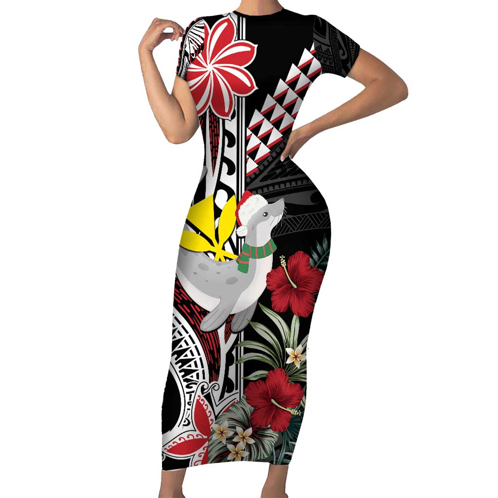 Hawaii Monk Seal Santa Family Matching Short Sleeve Bodycon Dress and Hawaiian Shirt Hibiscus Kakau Pattern Mele Kalikimaka LT9 Mom's Dress Black - Polynesian Pride