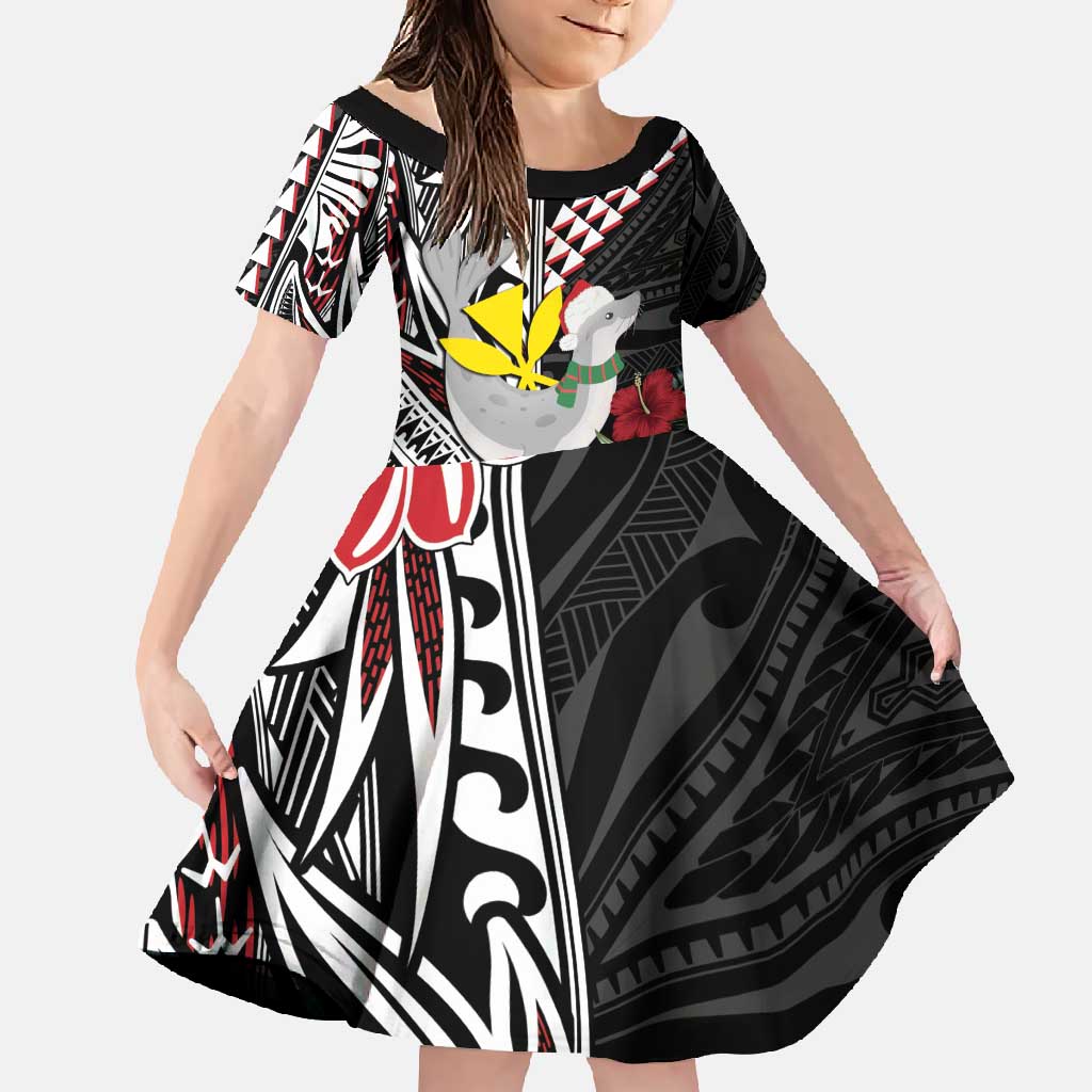 Hawaii Monk Seal Santa Family Matching Summer Maxi Dress and Hawaiian Shirt Hibiscus Kakau Pattern Mele Kalikimaka LT9 Daughter's Dress Black - Polynesian Pride