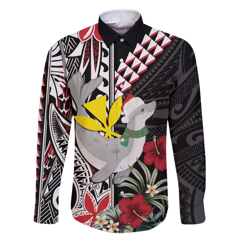 Hawaii Monk Seal Santa Family Matching Summer Maxi Dress and Hawaiian Shirt Hibiscus Kakau Pattern Mele Kalikimaka LT9 Dad's Shirt - Long Sleeve Black - Polynesian Pride