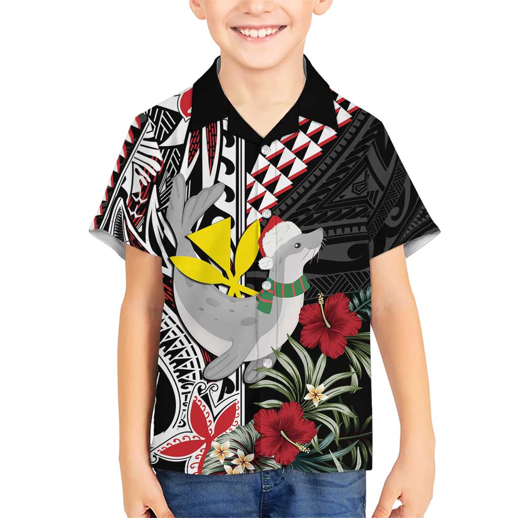 Hawaii Monk Seal Santa Kid Hawaiian Shirt Hibiscus Kakau Pattern Mele Kalikimaka