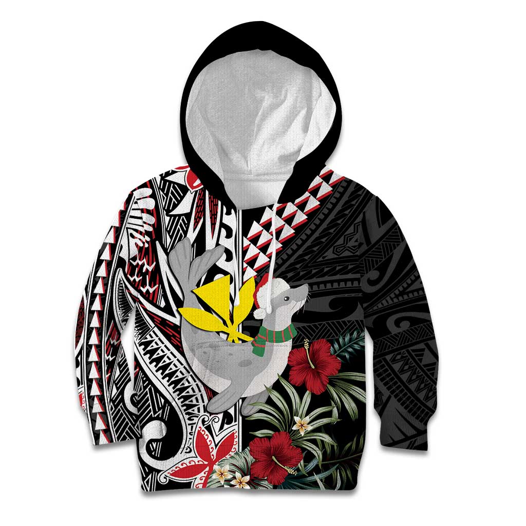 Hawaii Monk Seal Santa Kid Hoodie Hibiscus Kakau Pattern Mele Kalikimaka LT9 Hoodie Black - Polynesian Pride