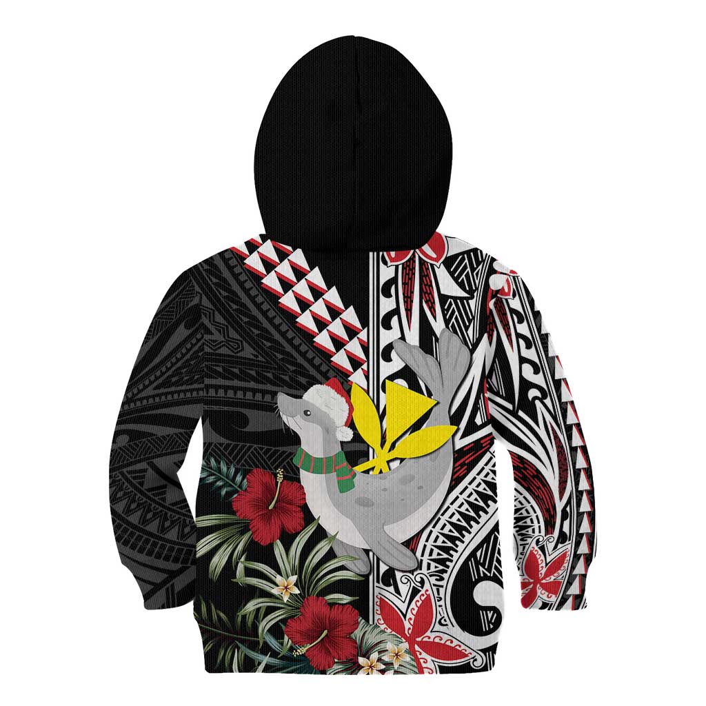 Hawaii Monk Seal Santa Kid Hoodie Hibiscus Kakau Pattern Mele Kalikimaka LT9 - Polynesian Pride