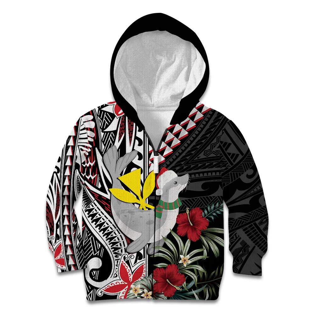 Hawaii Monk Seal Santa Kid Hoodie Hibiscus Kakau Pattern Mele Kalikimaka LT9 Zip Hoodie Black - Polynesian Pride