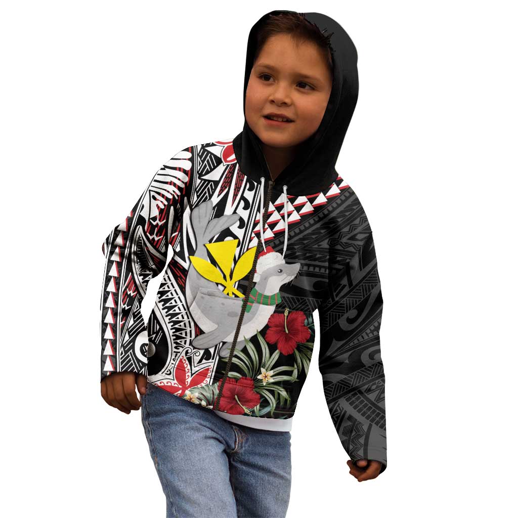 Hawaii Monk Seal Santa Kid Hoodie Hibiscus Kakau Pattern Mele Kalikimaka LT9 - Polynesian Pride