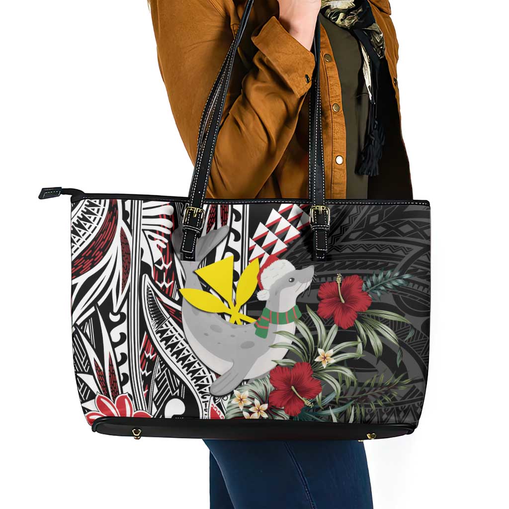 Hawaii Monk Seal Santa Leather Tote Bag Hibiscus Kakau Pattern Mele Kalikimaka