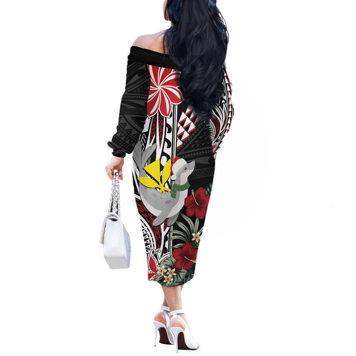 Hawaii Monk Seal Santa Off The Shoulder Long Sleeve Dress Hibiscus Kakau Pattern Mele Kalikimaka
