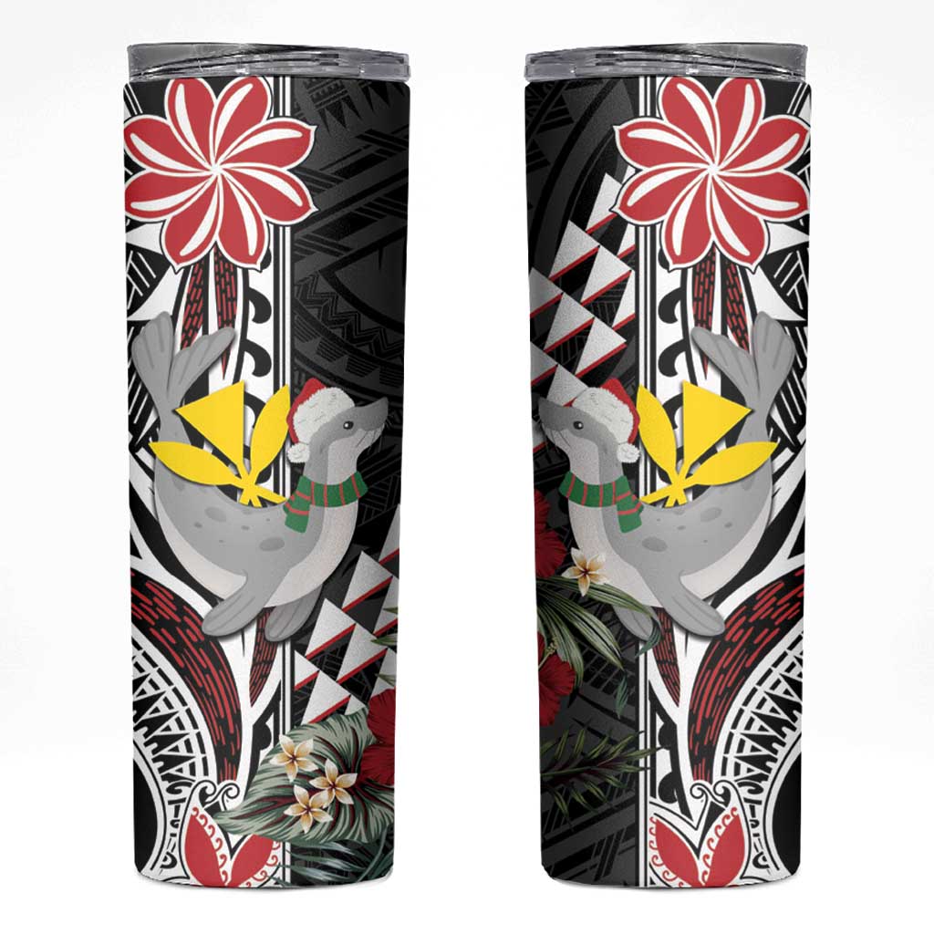 Hawaii Monk Seal Santa Skinny Tumbler Hibiscus Kakau Pattern Mele Kalikimaka LT9 Black - Polynesian Pride