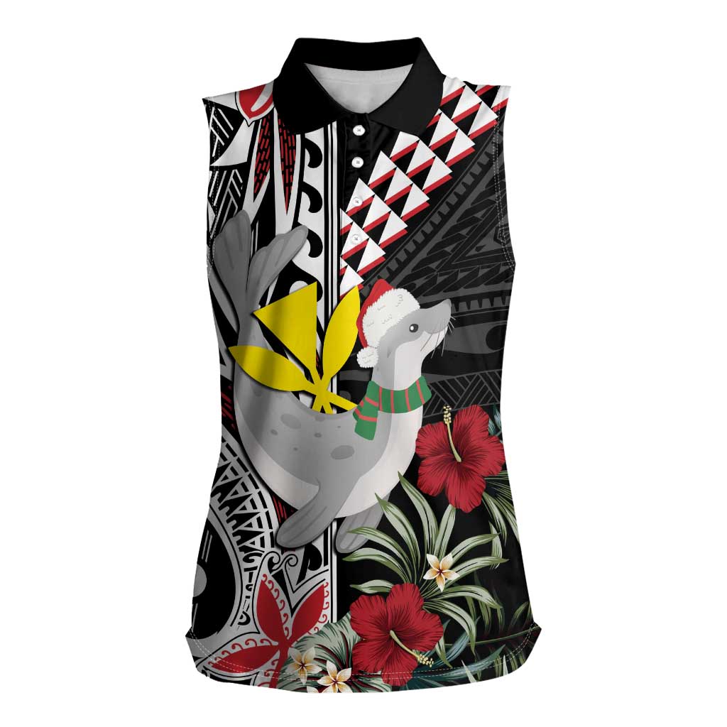 Hawaii Monk Seal Santa Women Sleeveless Polo Shirt Hibiscus Kakau Pattern Mele Kalikimaka LT9 Female Black - Polynesian Pride