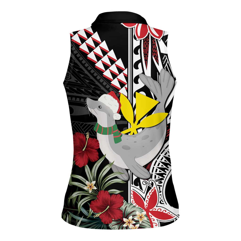 Hawaii Monk Seal Santa Women Sleeveless Polo Shirt Hibiscus Kakau Pattern Mele Kalikimaka LT9 - Polynesian Pride