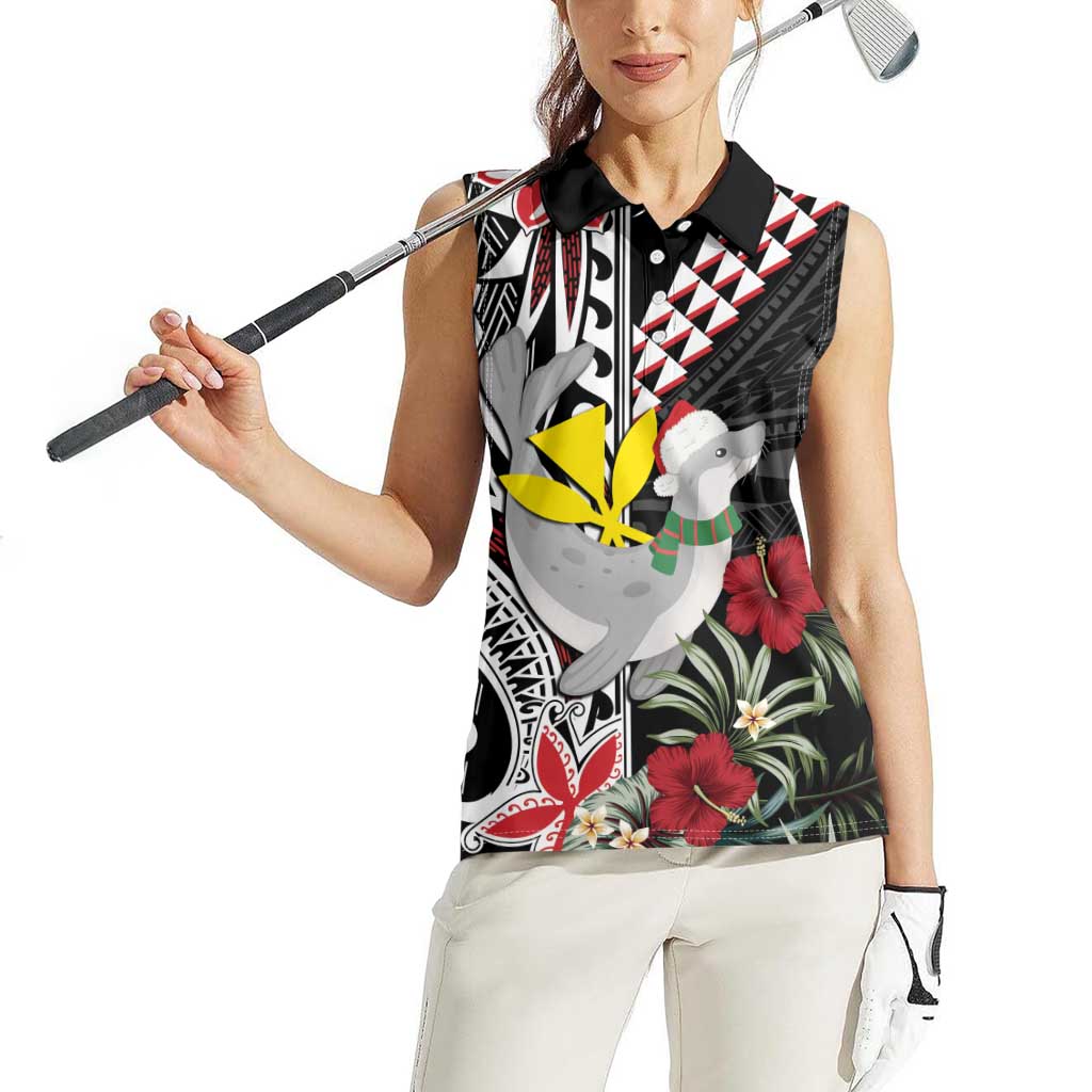 Hawaii Monk Seal Santa Women Sleeveless Polo Shirt Hibiscus Kakau Pattern Mele Kalikimaka LT9 - Polynesian Pride