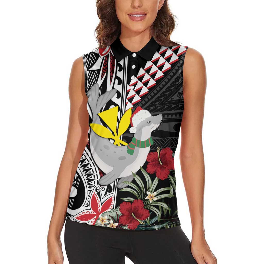 Hawaii Monk Seal Santa Women Sleeveless Polo Shirt Hibiscus Kakau Pattern Mele Kalikimaka LT9 - Polynesian Pride