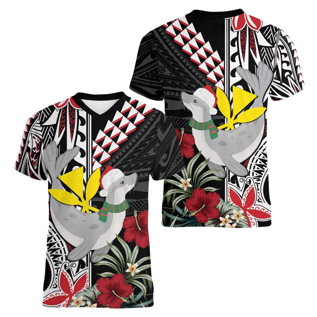 Hawaii Monk Seal Santa Women V-Neck T-Shirt Hibiscus Kakau Pattern Mele Kalikimaka LT9 - Polynesian Pride