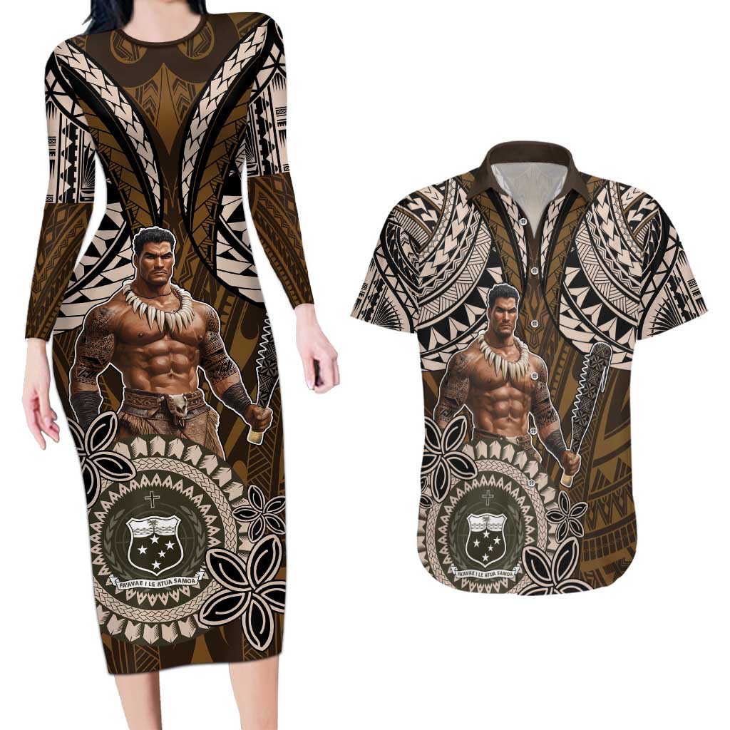 Samoa Warrior Couples Matching Long Sleeve Bodycon Dress and Hawaiian Shirt The Mighty Samoan Warrior Spirit LT9 Black - Polynesian Pride