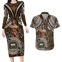 Samoa Warrior Couples Matching Long Sleeve Bodycon Dress and Hawaiian Shirt The Mighty Samoan Warrior Spirit LT9 Black - Polynesian Pride
