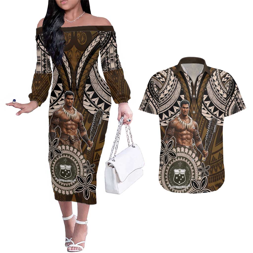 Samoa Warrior Couples Matching Off The Shoulder Long Sleeve Dress and Hawaiian Shirt The Mighty Samoan Warrior Spirit LT9 Black - Polynesian Pride