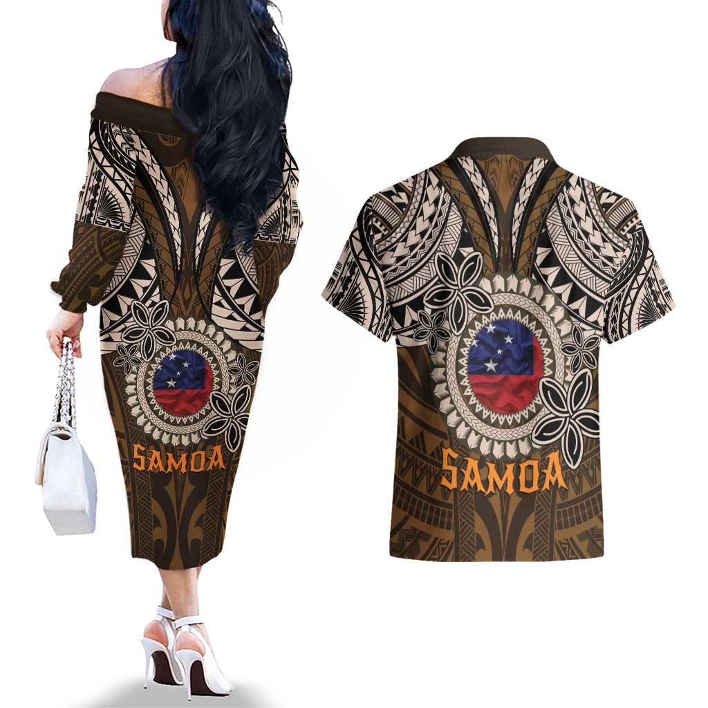 Samoa Warrior Couples Matching Off The Shoulder Long Sleeve Dress and Hawaiian Shirt The Mighty Samoan Warrior Spirit LT9 - Polynesian Pride