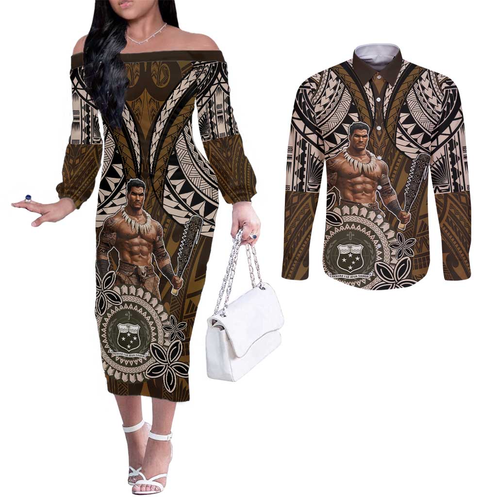 Samoa Warrior Couples Matching Off The Shoulder Long Sleeve Dress and Long Sleeve Button Shirt The Mighty Samoan Warrior Spirit LT9 Black - Polynesian Pride