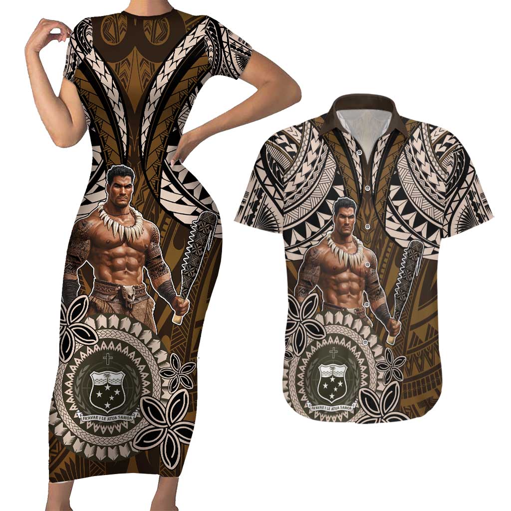 Samoa Warrior Couples Matching Short Sleeve Bodycon Dress and Hawaiian Shirt The Mighty Samoan Warrior Spirit LT9 Black - Polynesian Pride
