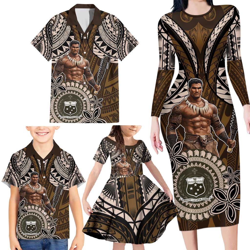 Samoa Warrior Family Matching Long Sleeve Bodycon Dress and Hawaiian Shirt The Mighty Samoan Warrior Spirit LT9 - Polynesian Pride