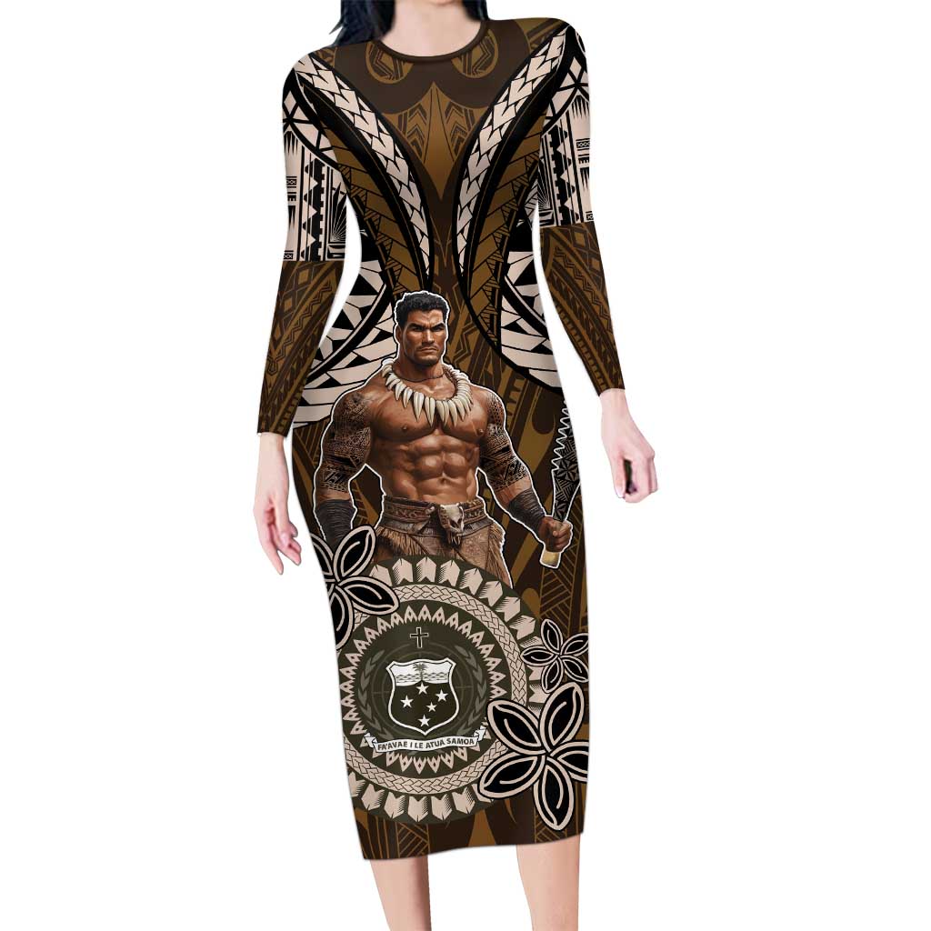 Samoa Warrior Family Matching Long Sleeve Bodycon Dress and Hawaiian Shirt The Mighty Samoan Warrior Spirit LT9 Mom's Dress Black - Polynesian Pride