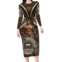 Samoa Warrior Family Matching Long Sleeve Bodycon Dress and Hawaiian Shirt The Mighty Samoan Warrior Spirit LT9 Mom's Dress Black - Polynesian Pride