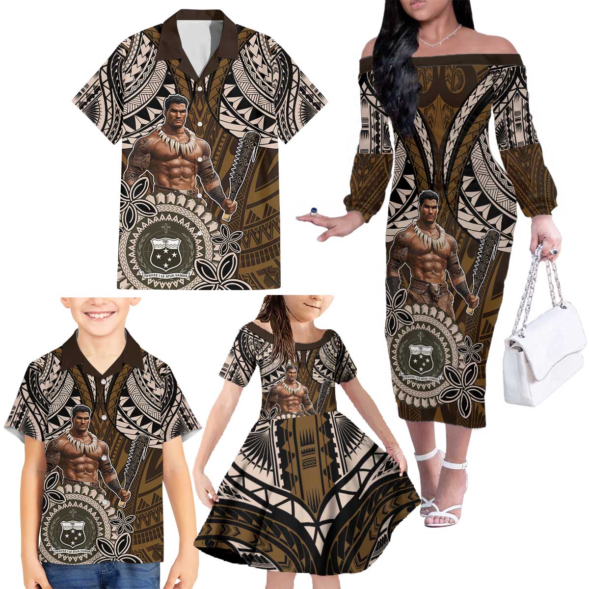 Samoa Warrior Family Matching Off The Shoulder Long Sleeve Dress and Hawaiian Shirt The Mighty Samoan Warrior Spirit LT9 - Polynesian Pride