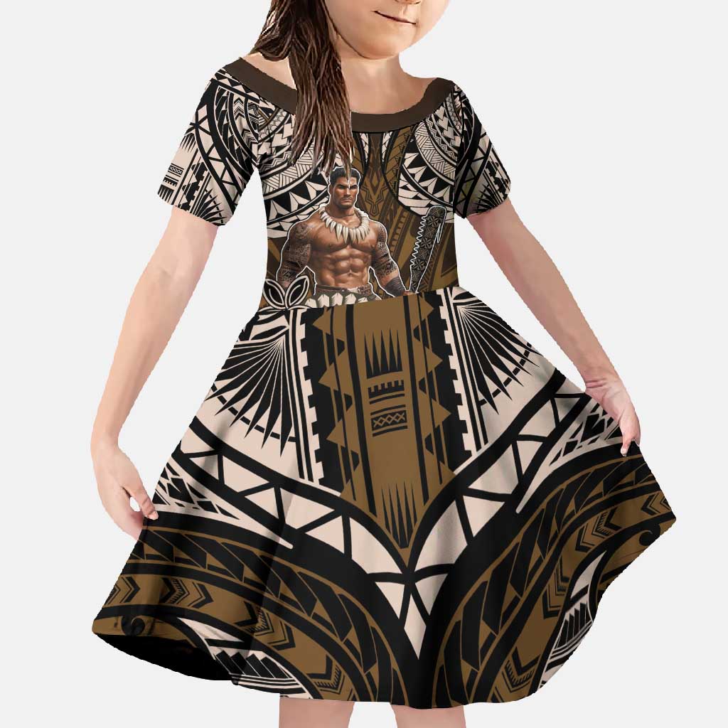 Samoa Warrior Family Matching Off Shoulder Maxi Dress and Hawaiian Shirt The Mighty Samoan Warrior Spirit LT9 Daughter's Dress Black - Polynesian Pride