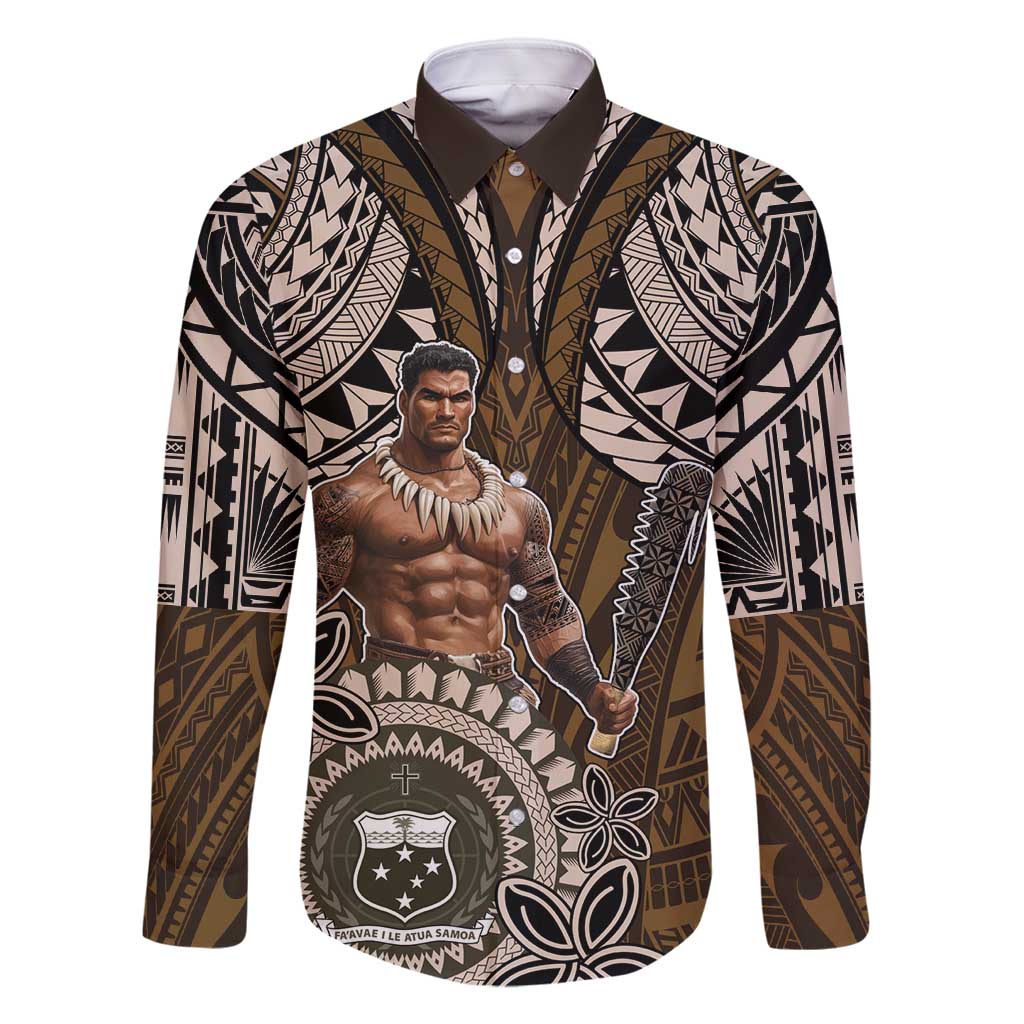 Samoa Warrior Family Matching Off Shoulder Maxi Dress and Hawaiian Shirt The Mighty Samoan Warrior Spirit LT9 Dad's Shirt - Long Sleeve Black - Polynesian Pride