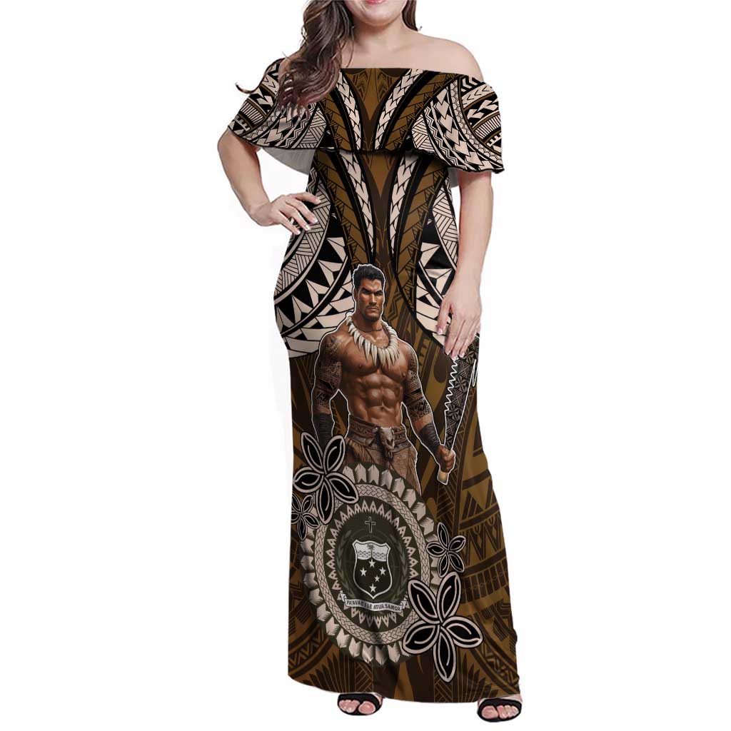 Samoa Warrior Family Matching Off Shoulder Maxi Dress and Hawaiian Shirt The Mighty Samoan Warrior Spirit LT9 Mom's Dress Black - Polynesian Pride