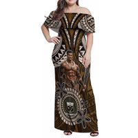 Samoa Warrior Family Matching Off Shoulder Maxi Dress and Hawaiian Shirt The Mighty Samoan Warrior Spirit LT9 Mom's Dress Black - Polynesian Pride