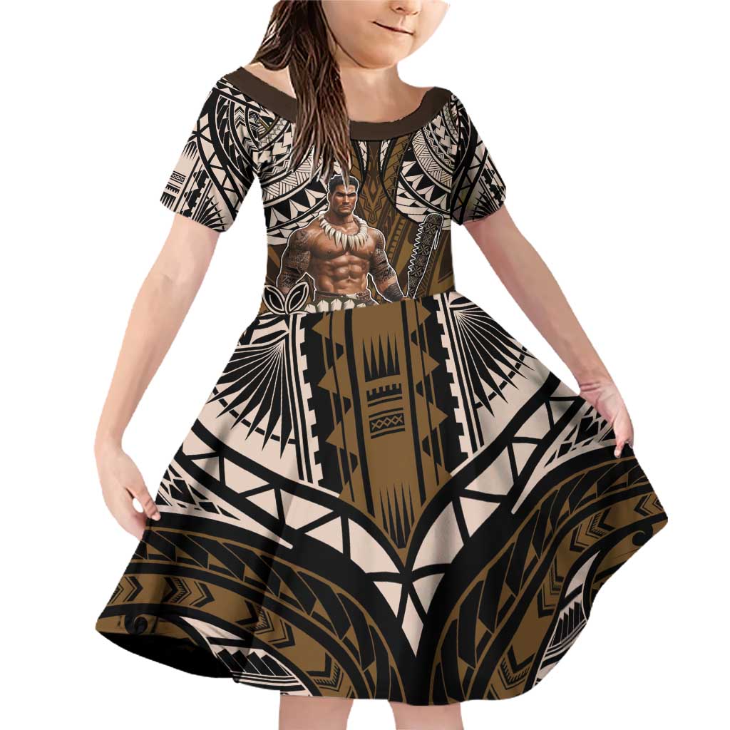 Samoa Warrior Family Matching Off Shoulder Short Dress and Hawaiian Shirt The Mighty Samoan Warrior Spirit LT9 Daughter's Dress Black - Polynesian Pride