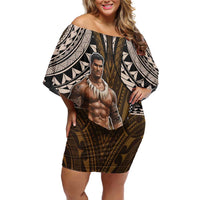 Samoa Warrior Family Matching Off Shoulder Short Dress and Hawaiian Shirt The Mighty Samoan Warrior Spirit LT9 Mom's Dress Black - Polynesian Pride